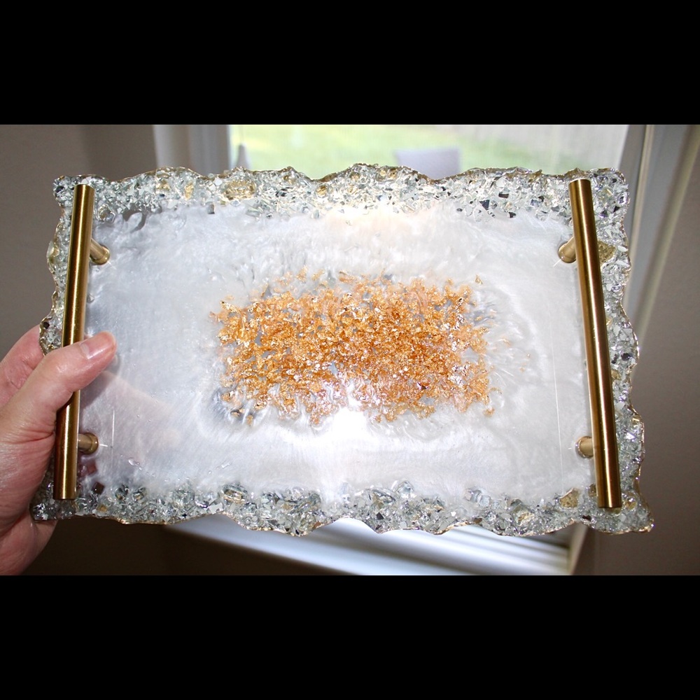 Handmade White Resin Tray With Handles Gold Flakes And Glass - Picture 8 of 8